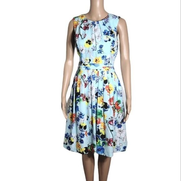NWT ELLEN TRACY Aqua Multi Floral Print Twill Fit-and-Flair Dress - Picture 1 of 6